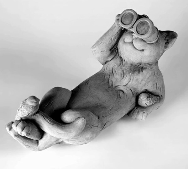 Reclining Bird Watching Cat Statue with binoculars